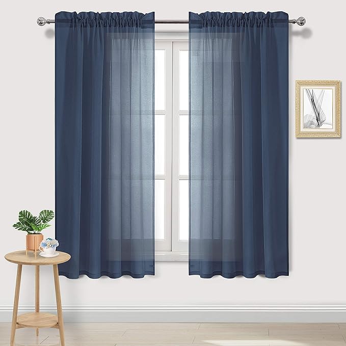 DWCN Navy Blue Sheer Curtains Semi Transparent Voile Rod Pocket Curtains for Bedroom and Living Room, 52 x 63 inches Long, Set of 2 Panels