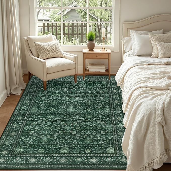 3x5 Area Rugs Living Room Rug: Washable Vintage Distressed Floral Rug No Slip Stain Resistant Soft Carpet Indoor Large Carpets for Bedroom Dining Room Farmhouse Nursery Home Office Deep Green