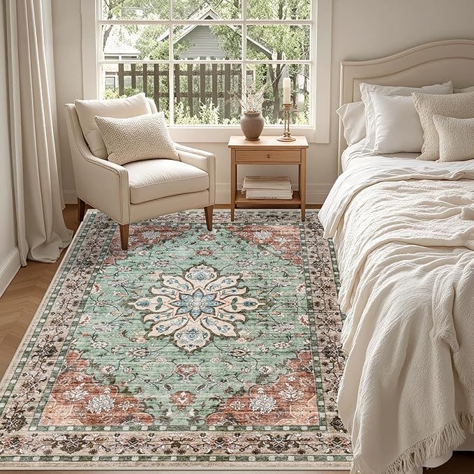 3x5 Area Rugs Living Room Rug: Washable Vintage Distressed Floral Rug No Slip Stain Resistant Soft Carpet Indoor Floor Large Carpets for Bedroom Dining Room Farmhouse Nursery Home Office Brown Green