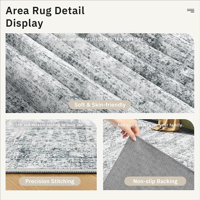 10x14 Area Rugs for Living Room, Non Slip Machine Washable Vintage Rugs, Low Pile Lightweight Large Rug for Bedroom, Dining Room, Home Office Grey
