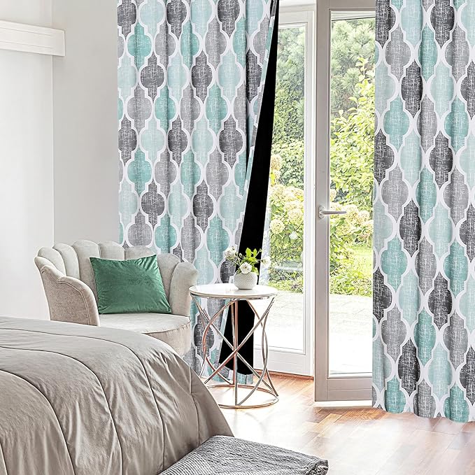 Beauoop 100% Blackout Curtains 63 Inches Long 2 Panels for Bedroom Living Room Aqua Grey Moroccan Geo Room Darkening Thermal Insulated Soundproof Rod Pocket Back Tab Window Treatments Drapes, 50x63