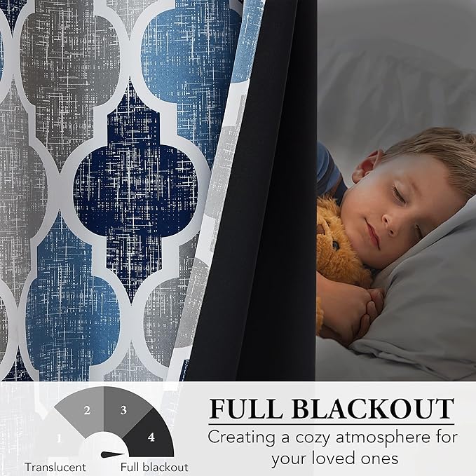 Beauoop 100% Blackout Curtains 96 Inches Long for Patio Sliding Door Blue Grey Extra Wide Moroccan Geo Room Darkening Thermal Soundproof Room Divider Grommet Window Treatment Drapes,100x96 Set of 1