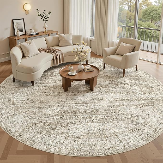 9x9 Brown Round Rug 9ft Living Room Circle Rug Vintage Round Area Rug Non Slip Indoor Carpet for Apartment