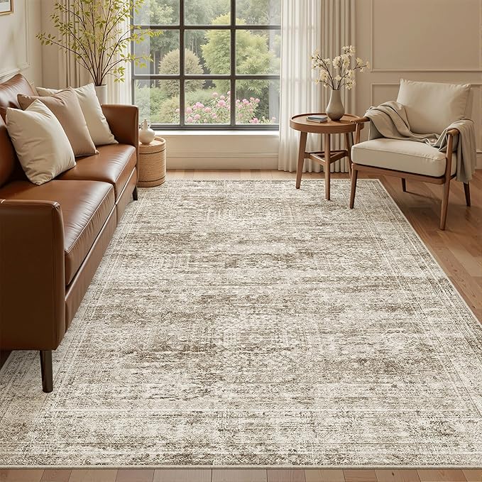 5x7 Area Rugs Brown Low Pile Indoor Washable Trendy Faded Style Rugs for Bedroom Living Room Dining Room Foldable Non-Slip Thin Print Mat