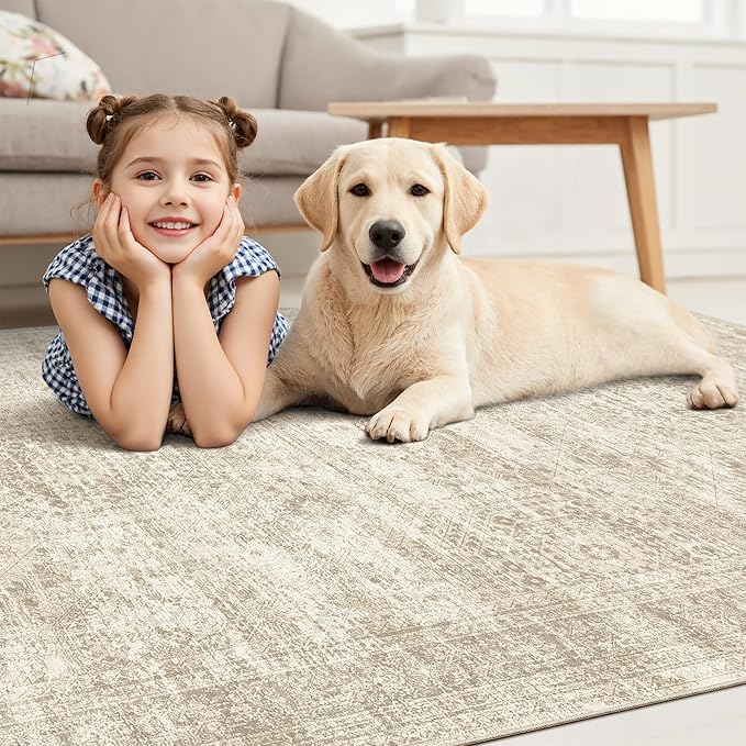 Area Rug 10x12 Vintage Washable Living Room Large Carpet Non Slip Bedroom Indoor Office Dining Room Low Pile Thin Rug Beige