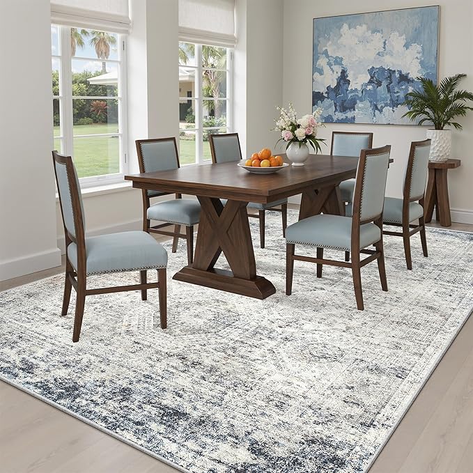 6x9 Area Rug for Living Room Washable 6x9 Non-Slip Modern Rugs for Bedroom Dinning Room Ultra-Thin Indoor Blue Ivory
