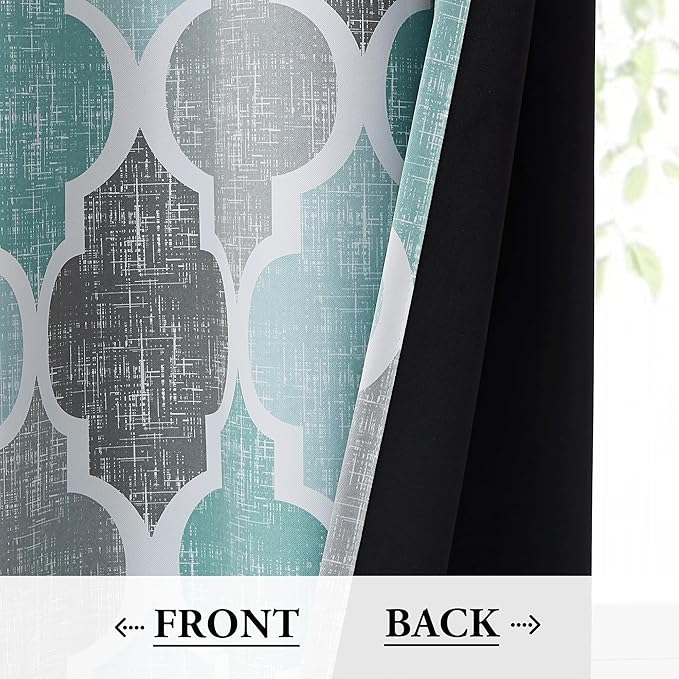Beauoop 100% Blackout Curtains 45 Inches Long 2 Panels for Bedroom Living Room Aqua Grey Moroccan Geo Room Darkening Thermal Insulated Soundproof Grommet Top Window Treatments Drapes, 50x45 Set of 2