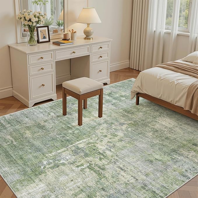 7x9 Area Rug for Living Room Washable Abstract Vintage Soft Thin Indoor Floor Non-Slip Carpet for Bedroom Dining Room Green/Ivory