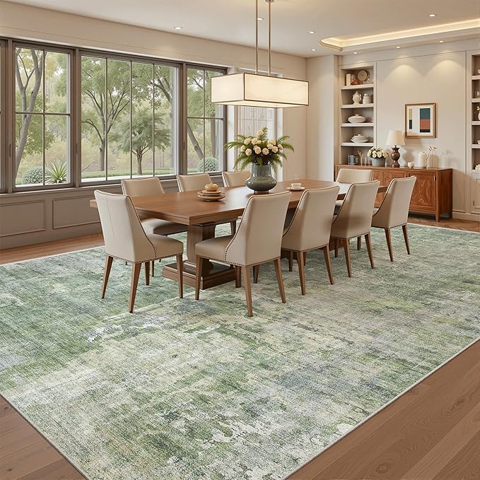 Abstract Rug 8x10 Large Living Room Rugs Neutral Modern Washable Area Rugs for Bedroom Dining Room Non-Slip Stain Resistant Foldable Thin Rug Green