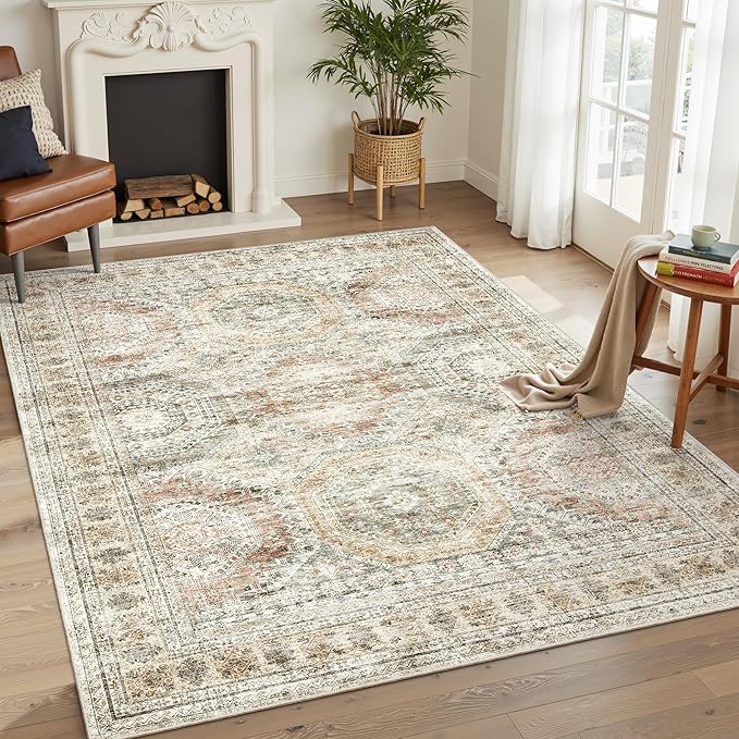6x9 Area Rug for Living Room Washable 6x9 Non-Slip Modern Rugs for Bedroom Dinning Room Ultra-Thin Indoor Brown Pink