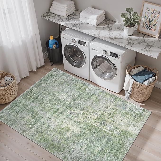 3x5 Rug, Abstract Small Area Rug for Kitchen, Entryway, Machine Washable Non-Slip Throw Rug, Vintage Carpet for Nursery Coffee Table Green Ivory