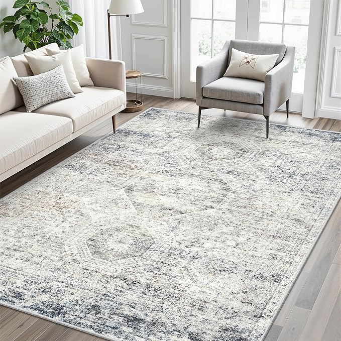6x9 Area Rug for Living Room Washable 6x9 Non-Slip Modern Rugs for Bedroom Dinning Room Ultra-Thin Indoor Blue Ivory