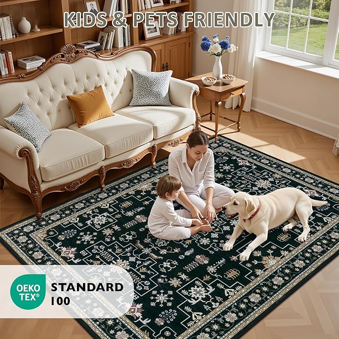 6x9 Area Rugs Living Room Rug: Washable Vintage Boho Medallion Rug No Slip Stain Resistant Soft Carpet Indoor Floor Large Carpets for Bedroom Dining Room Farmhouse Nursery Hallway Home Office Black