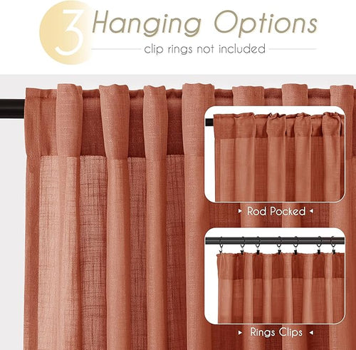 120 inch Linen Terracotta Curtains 2 Panels for Living Room Back Tab Light Filtering Semi Sheer Rust Colored Curtains 120 inches Long Soft Thick Cotton Cloth Textured Rustic Boho Farmhouse Room Decor