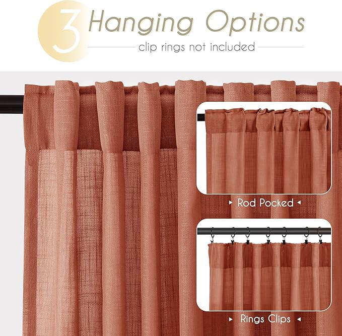 102 inch Linen Terracotta Curtains 2 Panels for Living Room Back Tab Light Filtering Semi Sheer Rust Colored Curtains 102 inches Long Soft Thick Cotton Cloth Textured Rustic Boho Farmhouse Room Decor