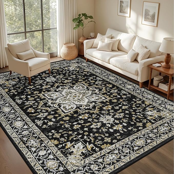 5x7 Area Rugs Living Room Rug: Washable Vintage Boho Medallion Rug No Slip Stain Resistant Soft Carpet Indoor Large Carpets for Bedroom Dining Room Farmhouse Nursery Hallway Home Office Black Gold