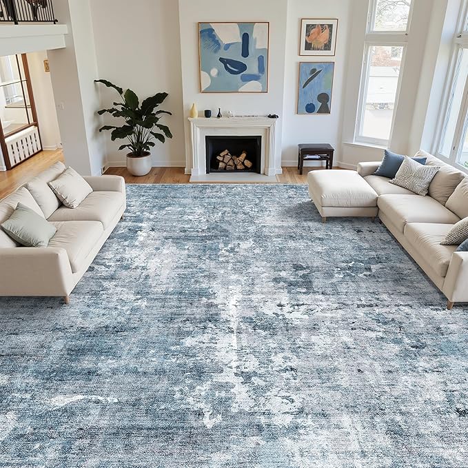 10x14 Area Rugs for Living Room, Non Slip Machine Washable Vintage Rugs, Low Pile Lightweight Large Rug for Bedroom, Dining Room, Home Office Blue