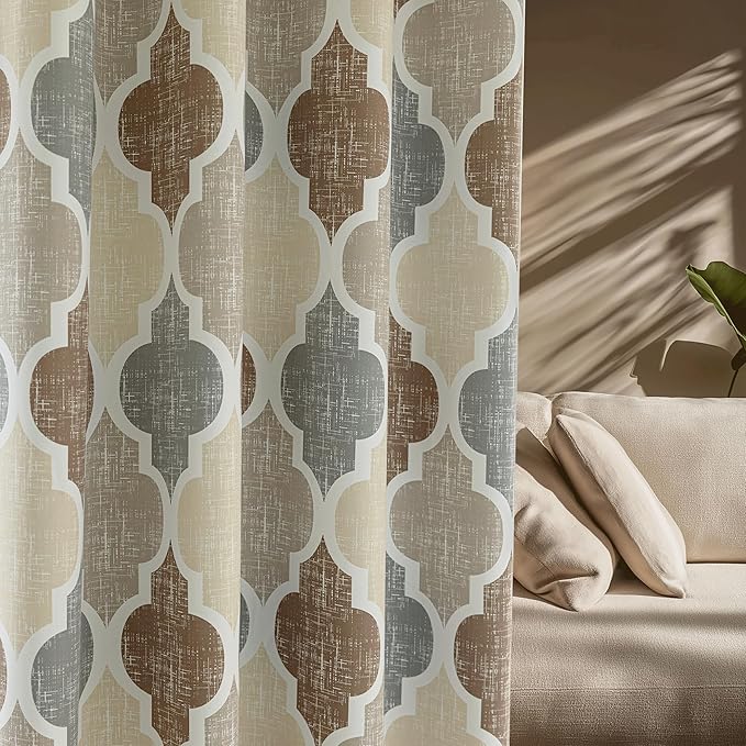 Beauoop 100% Blackout Curtains 90 Inches Long 2 Panels for Bedroom Living Room Brown Grey Moroccan Geo Room Darkening Thermal Insulated Soundproof Grommet Top Window Treatments Drapes, 50x90 Set of 2