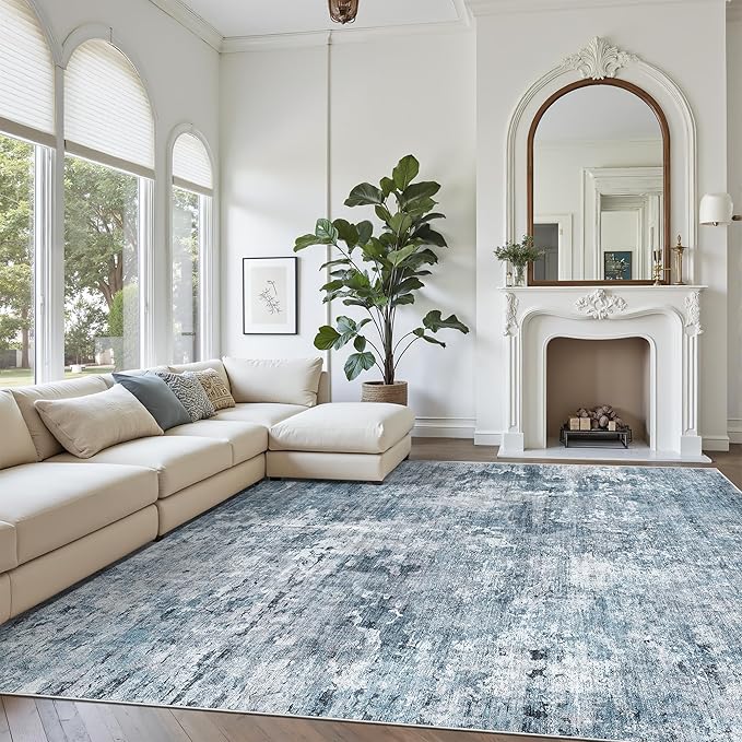 9x12 Area Rugs for Living Room, Abstract Non Slip Machine Washable Vintage Rugs, Low Pile Lightweight Large Rug for Bedroom, Dining Room, Home Office Blue