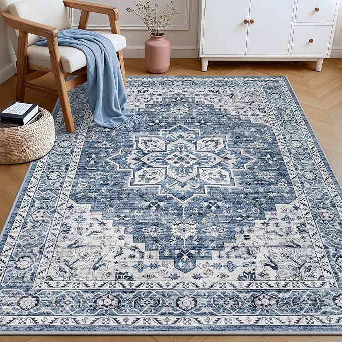 3x5 Area Rugs Living Room Rug: Washable Vintage Boho Medallion Rug No Slip Stain Resistant Soft Carpet Indoor Floor Large Carpets for Bedroom Dining Room Farmhouse Nursery Hallway Home Office Blue