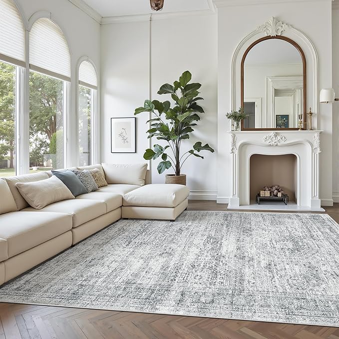 Area Rug 10x12 Vintage Washable Living Room Large Gray Carpet Non Slip Bedroom Indoor Office Dining Room Low Pile Thin Rug Grey