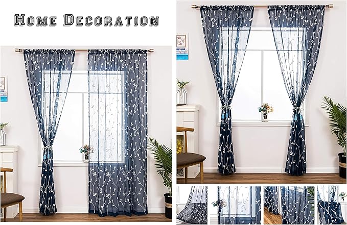 AmHoo 2 Panels Embroidered Leaf Pattern Semi Sheer Curtains Foliage Floral Voile Window Draperies Treatment for Bedroom Living Room Rod Pocket Navy Blue 53 x 84 Inch