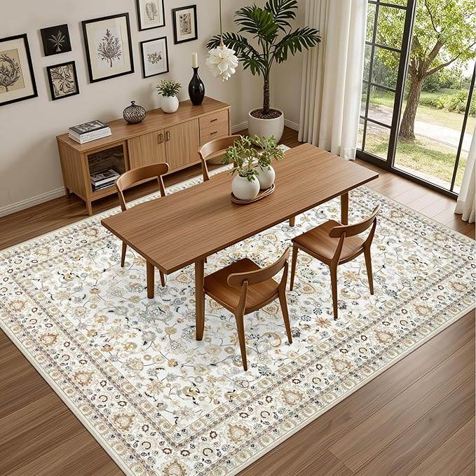 4x6 Area Rugs for Living Room: Washable Rug Soft Vintage Boho Carpet Indoor Floor Non-Slip Stain Resistant Floral Large Carpets for Bedroom Dining Room Farmhouse Nursery Home Office Beige