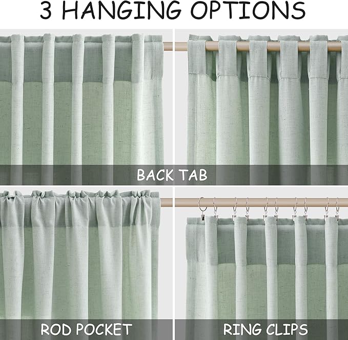 Aqua Green Linen Curtains 90 Inch Long 2 Panels Set for Bedroom Living Room Linen Textured Window Drapes Semi Sheer Light Filtering Rod Pocket Back Tab Cotton Textured Farmhouse Curtain 52x90