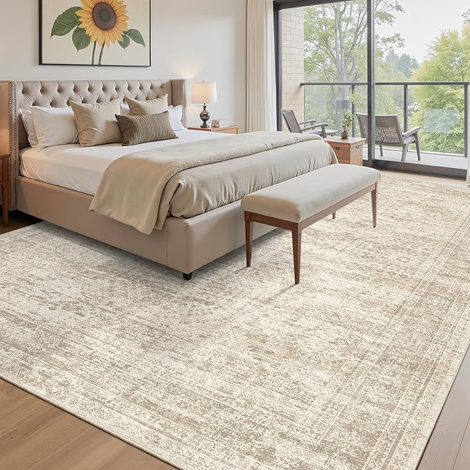 Area Rug 10x12 Vintage Washable Living Room Large Carpet Non Slip Bedroom Indoor Office Dining Room Low Pile Thin Rug Beige