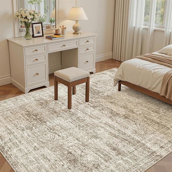 5x7 Area Rugs Brown Low Pile Indoor Washable Trendy Faded Style Rugs for Bedroom Living Room Dining Room Foldable Non-Slip Thin Print Mat