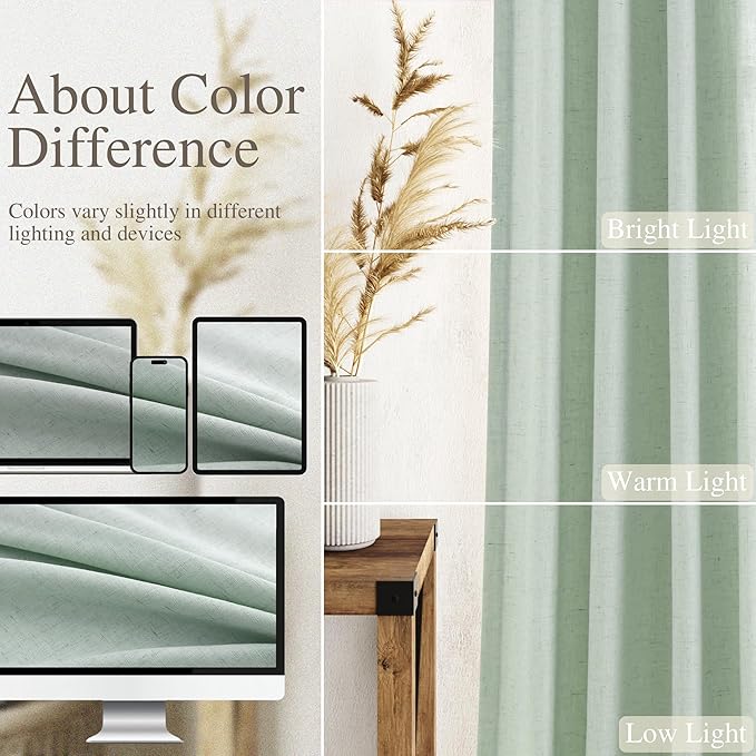 Aqua Green Linen Curtains 90 Inch Long 2 Panels Set for Bedroom Living Room Linen Textured Window Drapes Semi Sheer Light Filtering Rod Pocket Back Tab Cotton Textured Farmhouse Curtain 52x90