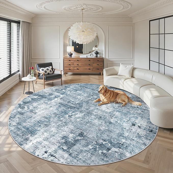 9x9 Blue/Grey Round Rug 9ft Living Room Circle Rug Vintage Round Area Rug Non Slip Indoor Carpet for Apartment