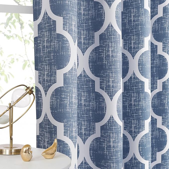 Beauoop 100% Blackout Curtains 108 Inches Long 2 Panels for Bedroom Living Room Blue Moroccan Geo Room Darkening Thermal Insulated Soundproof Grommet Top Window Treatments Drapes, 50x108 Set of 2