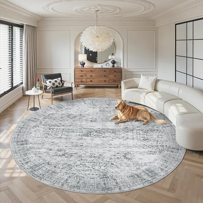8x8 Grey Round Rug 8ft Living Room Circle Rug Vintage Round Area Rug Non Slip Indoor Carpet for Apartment