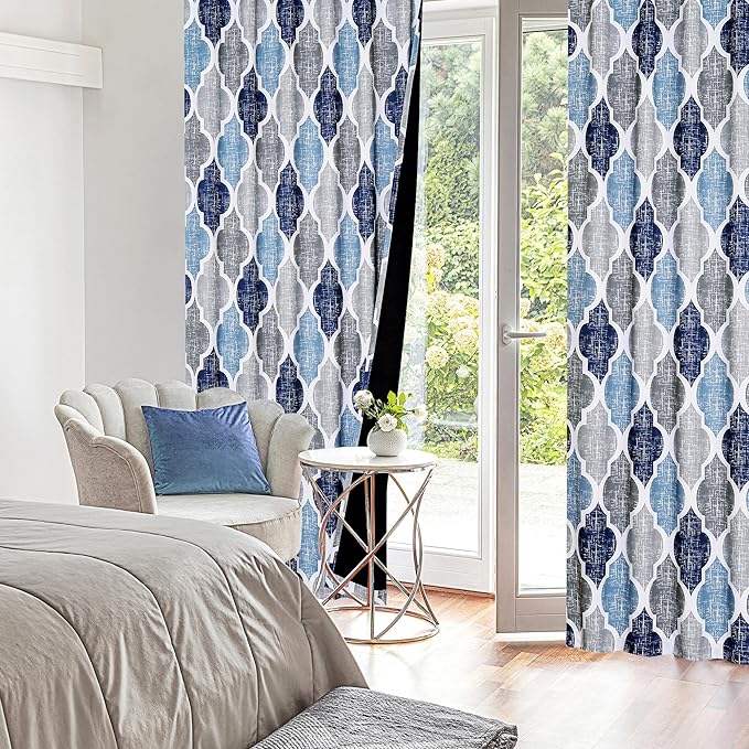 Beauoop 100% Blackout Curtains 96 Inches Long 2 Panels for Bedroom Living Room Blue Grey Moroccan Geo Room Darkening Thermal Insulated Soundproof Rod Pocket Back Tab Window Treatments Drapes, 50x96