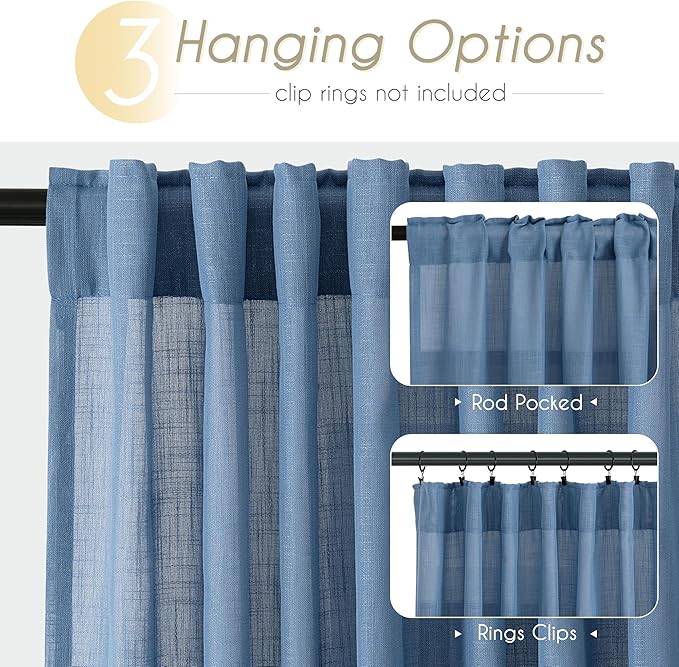 Denim Blue Curtains for Living Room Back Tab Modern Farmhouse Semi Sheer Blue Curtains 96 inches Long 2 Panels Set Muted Neutral Window Curtain for Dining Room Bedroom 52x96