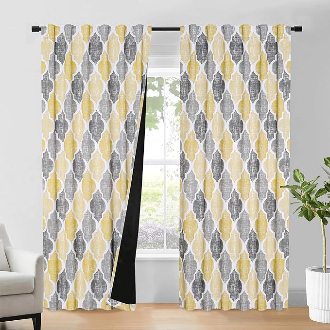 Beauoop 100% Blackout Curtains 84 Inches Long 2 Panels for Bedroom Living Room Yellow Grey Moroccan Geo Room Darkening Thermal Insulated Soundproof Rod Pocket Back Tab Window Treatments Drapes, 50x84