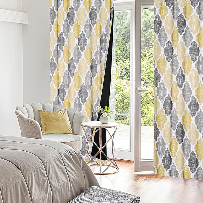 Beauoop 100% Blackout Curtains 96 Inches Long 2 Panels for Bedroom Living Room Yellow Grey Moroccan Geo Room Darkening Thermal Insulated Soundproof Rod Pocket Back Tab Window Treatments Drapes, 50x96