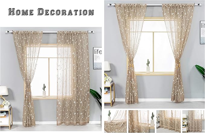 AmHoo 2 Panels Embroidered Leaf Pattern Semi Sheer Curtains Foliage Floral Voile Window Draperies Treatment for Bedroom Living Room Rod Pocket Taupe 53 x 63 Inch