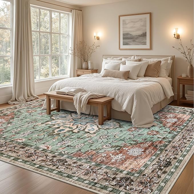 8x10 Area Rugs for Living Room: Washable Rug Soft Vintage Distressed Floral Carpet Indoor Floor Non-Slip Stain Resistant Large Carpets for Bedroom Dining Room Farmhouse Nursery Home Office Brown Green