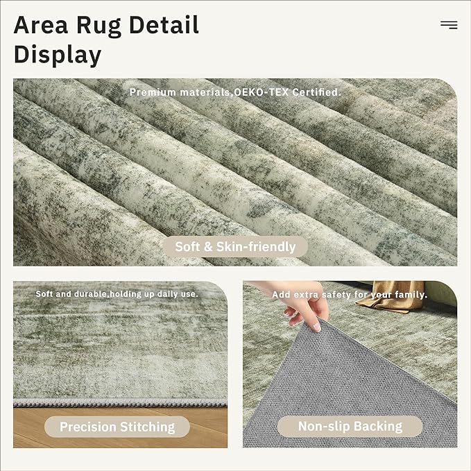 Abstract Rug 8x10 Large Living Room Neutral Modern Washable Area Rugs for Bedroom Dining Room Non-Slip Stain Resistant Foldable Thin Green Black