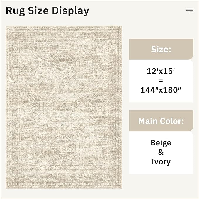 12x15 Washable Area Rug Beige Neutral Abstract Living Room Large Carpet Non Slip Bedroom Indoor Office Dining Room Low Pile Thin Rug