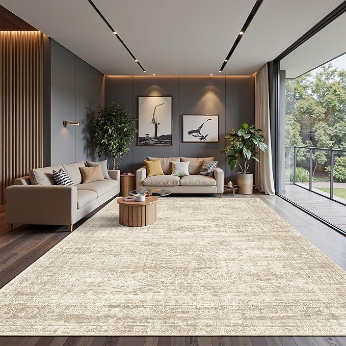 Area Rug 10x12 Vintage Washable Living Room Large Carpet Non Slip Bedroom Indoor Office Dining Room Low Pile Thin Rug Beige