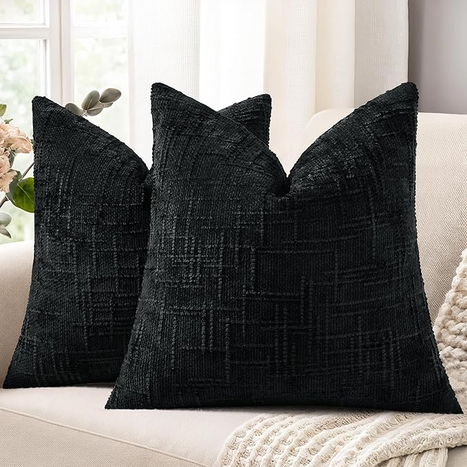 decorUhome Black Chenille Euro Sham Throw Pillow Covers 26x26 Set of 2 Textured Soft Cozy Slubby Couch Pillow Covers Modern Farmhouse Boho Decorative Pillow Cases for Bed Sofa Living Room