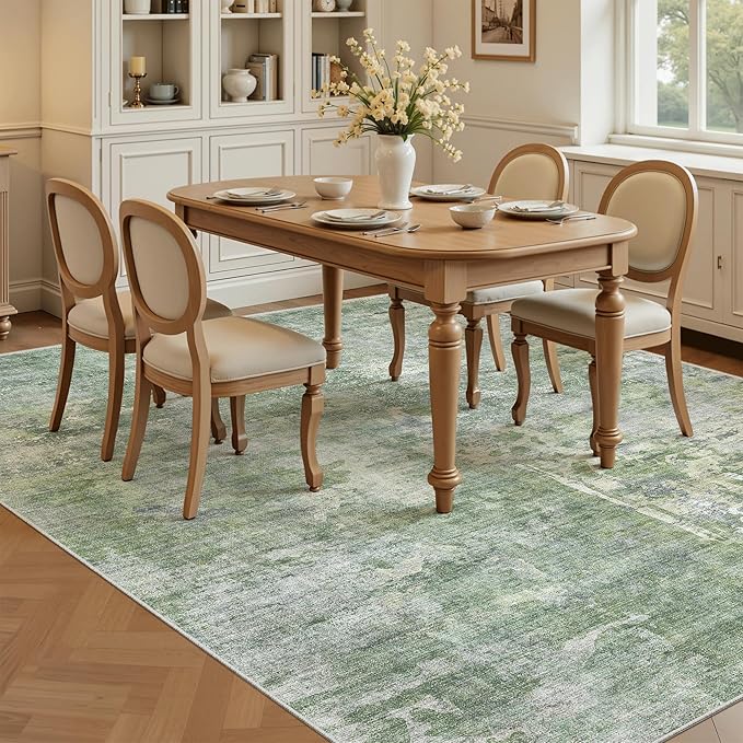 7x9 Area Rug for Living Room Washable Abstract Vintage Soft Thin Indoor Floor Non-Slip Carpet for Bedroom Dining Room Green/Ivory