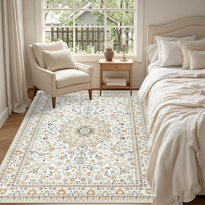 3x5 Area Rugs Living Room Rug: Washable Vintage Boho Rug No Slip Stain Resistant Soft Carpet Indoor Floor Floral Large Carpets for Bedroom Dining Room Farmhouse Nursery Home Office Beige
