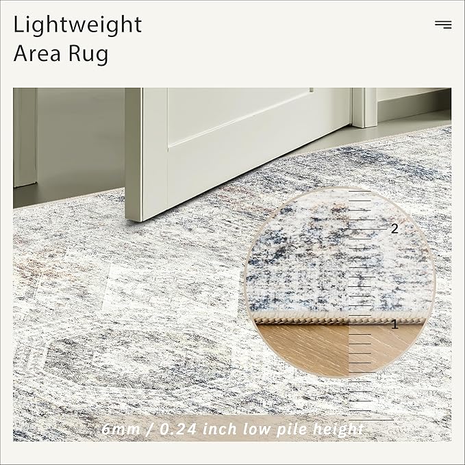5x7 Area Rugs Blue Ivory Low Pile Indoor Washable Trendy Faded Style Rugs for Bedroom Living Room Dining Room Foldable Non-Slip Thin Print Mat