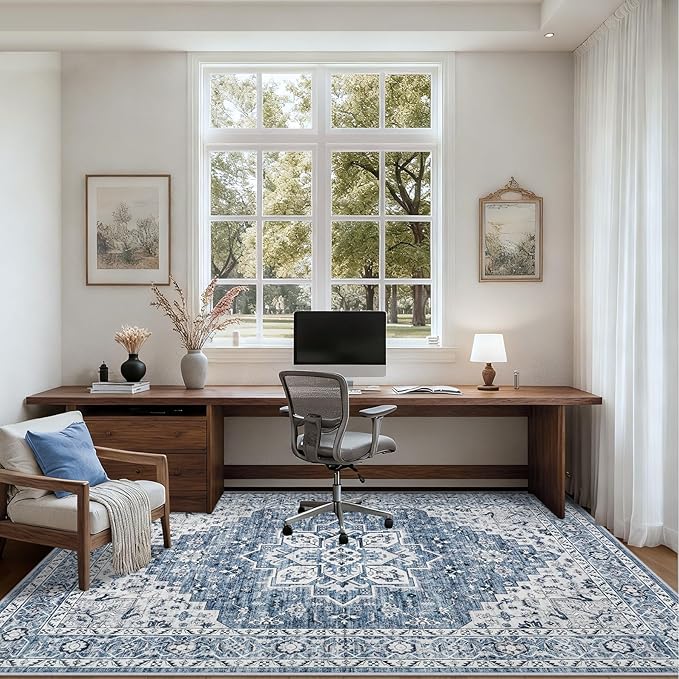 3x5 Area Rugs Living Room Rug: Washable Vintage Boho Medallion Rug No Slip Stain Resistant Soft Carpet Indoor Floor Large Carpets for Bedroom Dining Room Farmhouse Nursery Hallway Home Office Blue