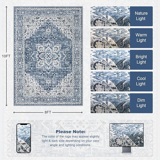 8x10 Area Rugs for Living Room: Washable Rug Soft Vintage Boho Medallion Carpet Indoor Floor Non-Slip Stain Resistant Large Carpets for Bedroom Dining Room Farmhouse Nursery Home Office Blue