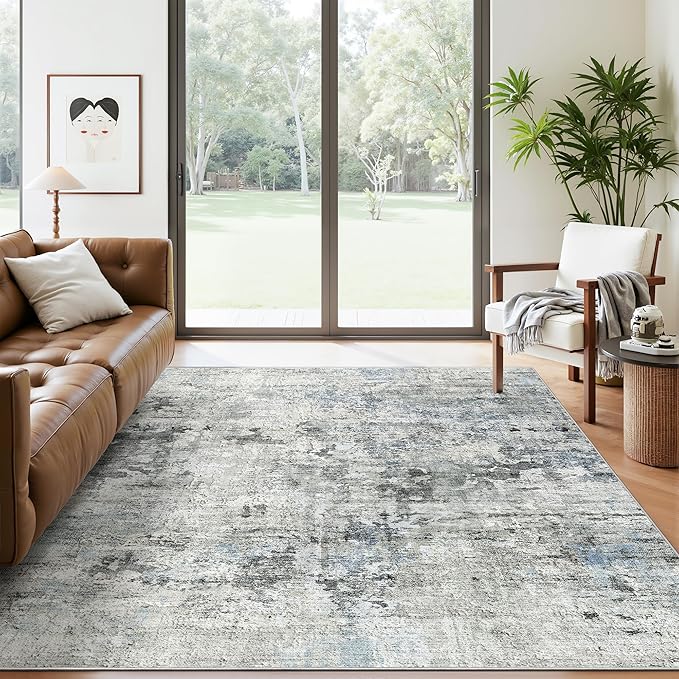 6x9 Abstract Area Rugs for Living Room 6 x 9 Washable Non Slip Low Pile Gray Rugs for Bedroom Dining Room Foldable Thin Gray Blue